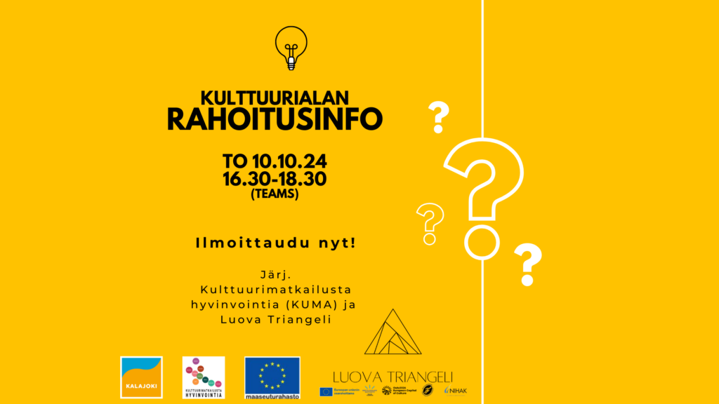Kuvituskuva jossa lukee Kulttuurialan rahoitusinfo to 10.10.24 kello 16:30-18:30 (teams)