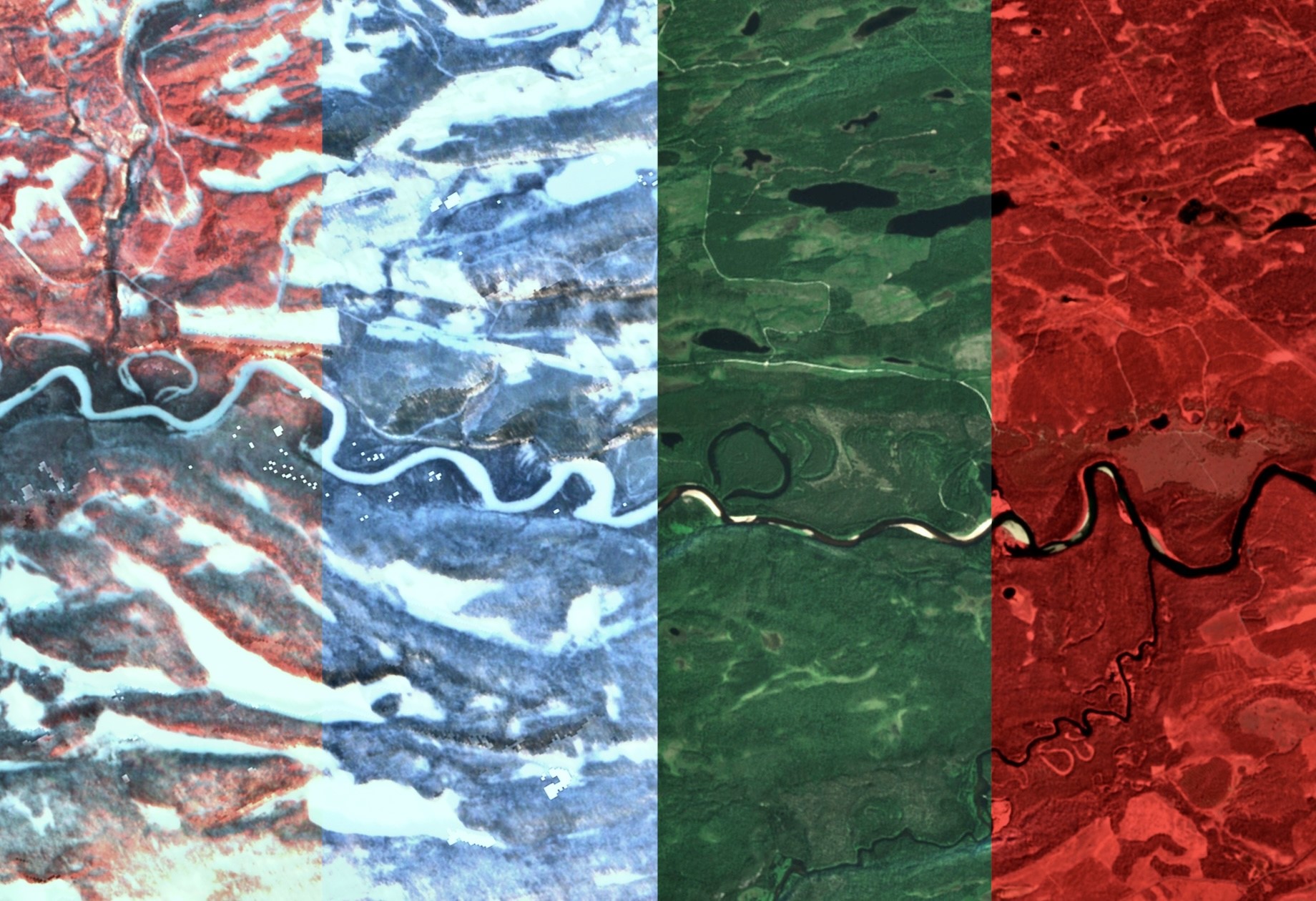 Oulanka river, satellite image collage, Contains modified Copernicus Sentinel-2 dat 2024,courtesy of ESA, processed by Antti Tenetz, processed and adapted under the Copernicus Open Access License.