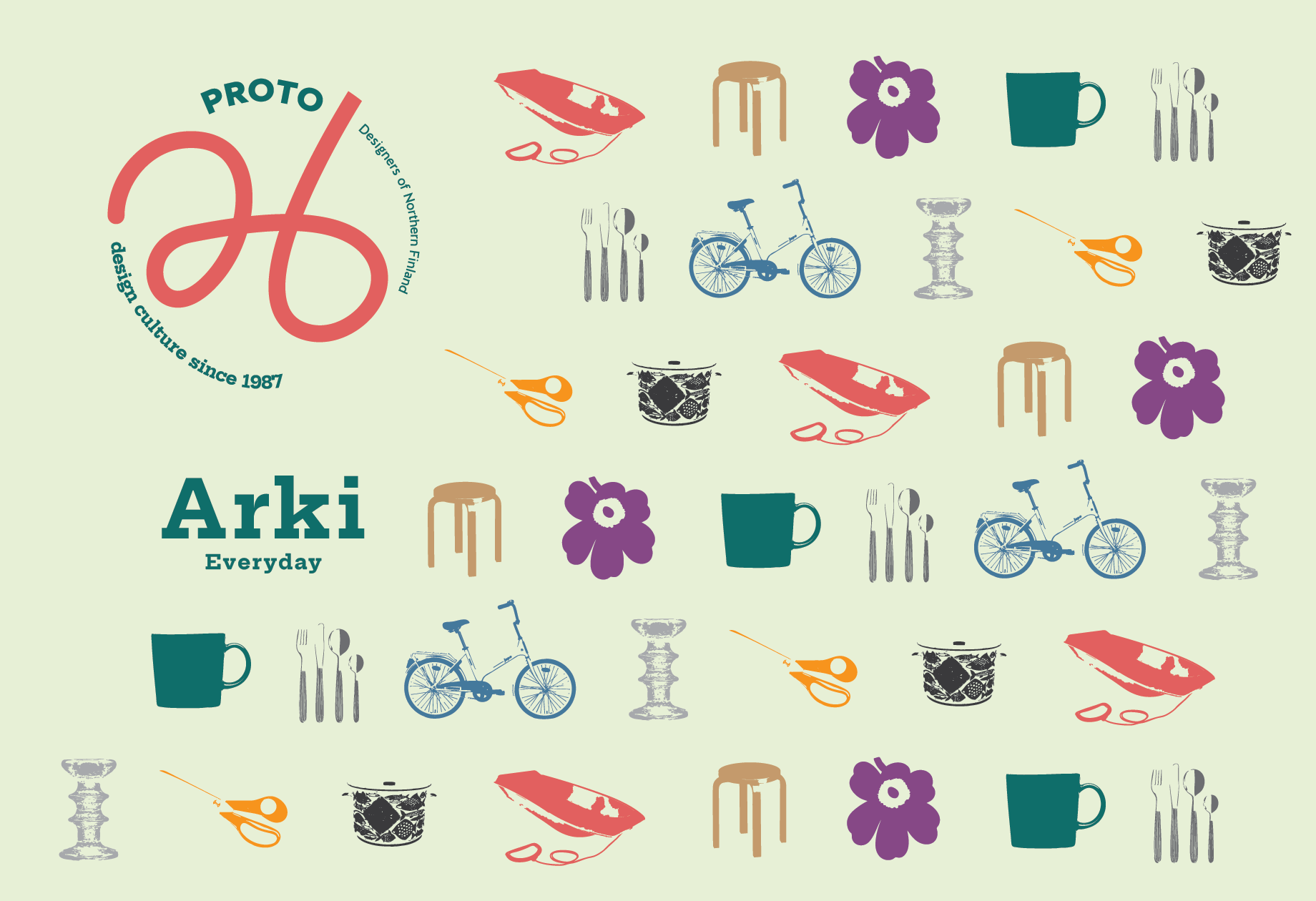 A canvas of everyday objects, icons of Finnish Design. Graphic design by Tuomas Mujunen