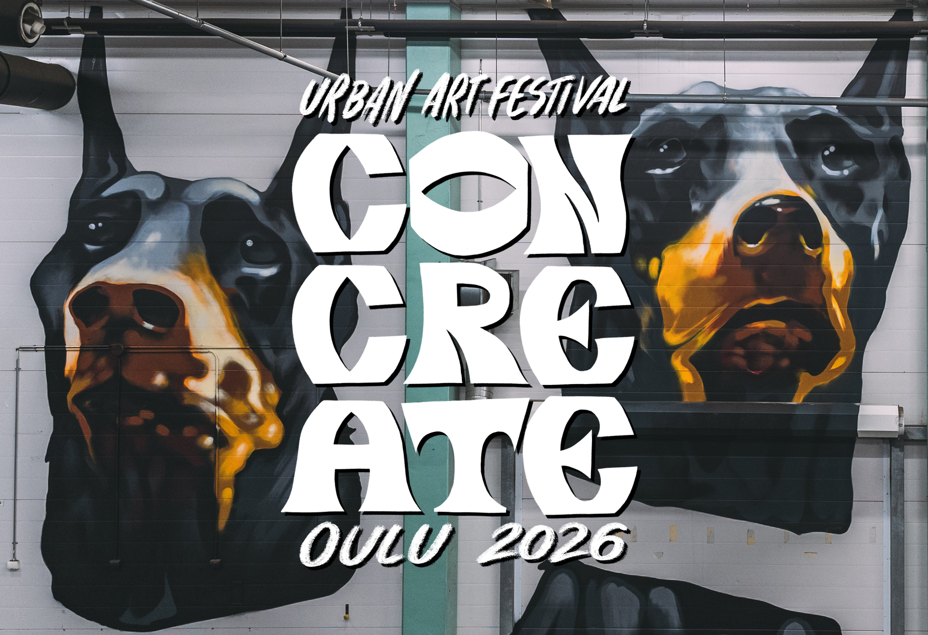 Concreate 2026 logo. Taustalla Timo Tyynismaan muraali. Kuvaaja Pekka Lintusaari.