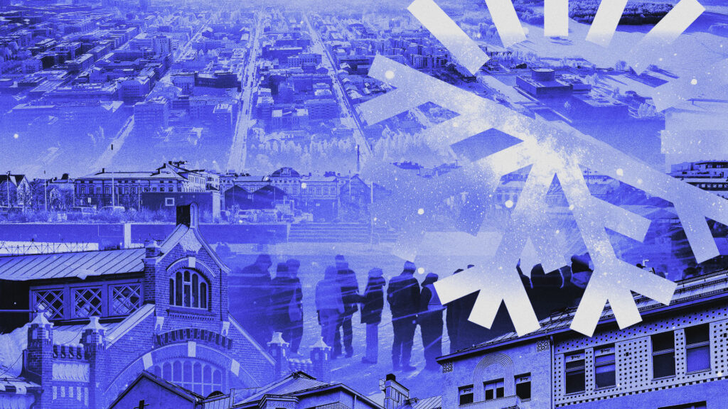 Talvinen kaupunkimaisema ja suurennettu Oulu2026-lumihiutalelogo.