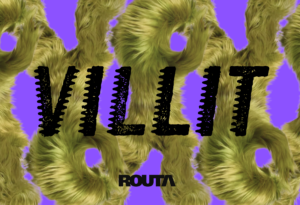 Turkiskirjaimin VILLIT ja logo ROUTA violettitaustalla