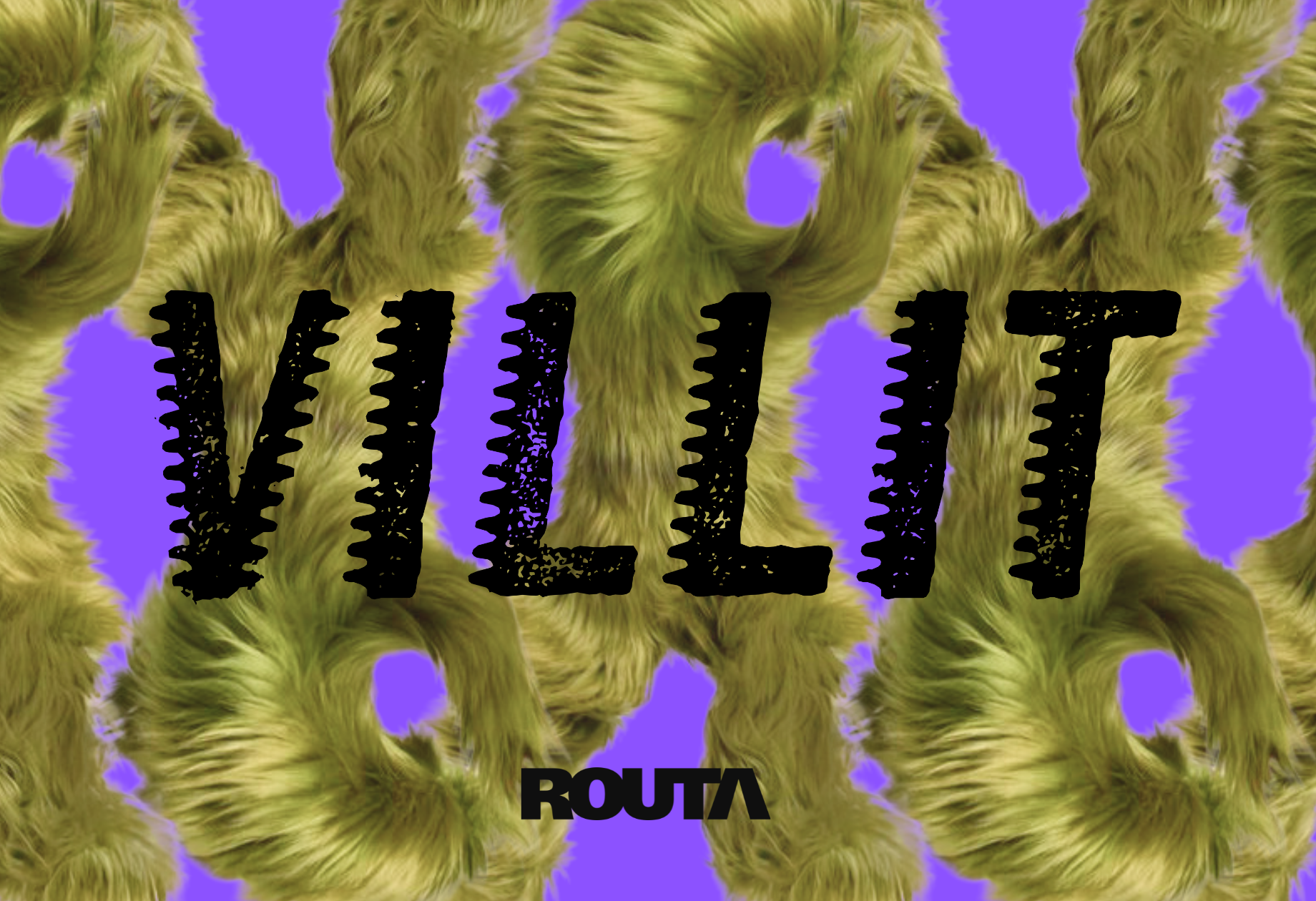 Fur letters VILLIT and logo of ROUTA against purple background