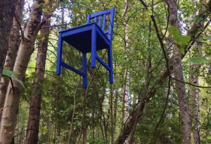 Kuvassa tuoli roikkuu puusta metsässä