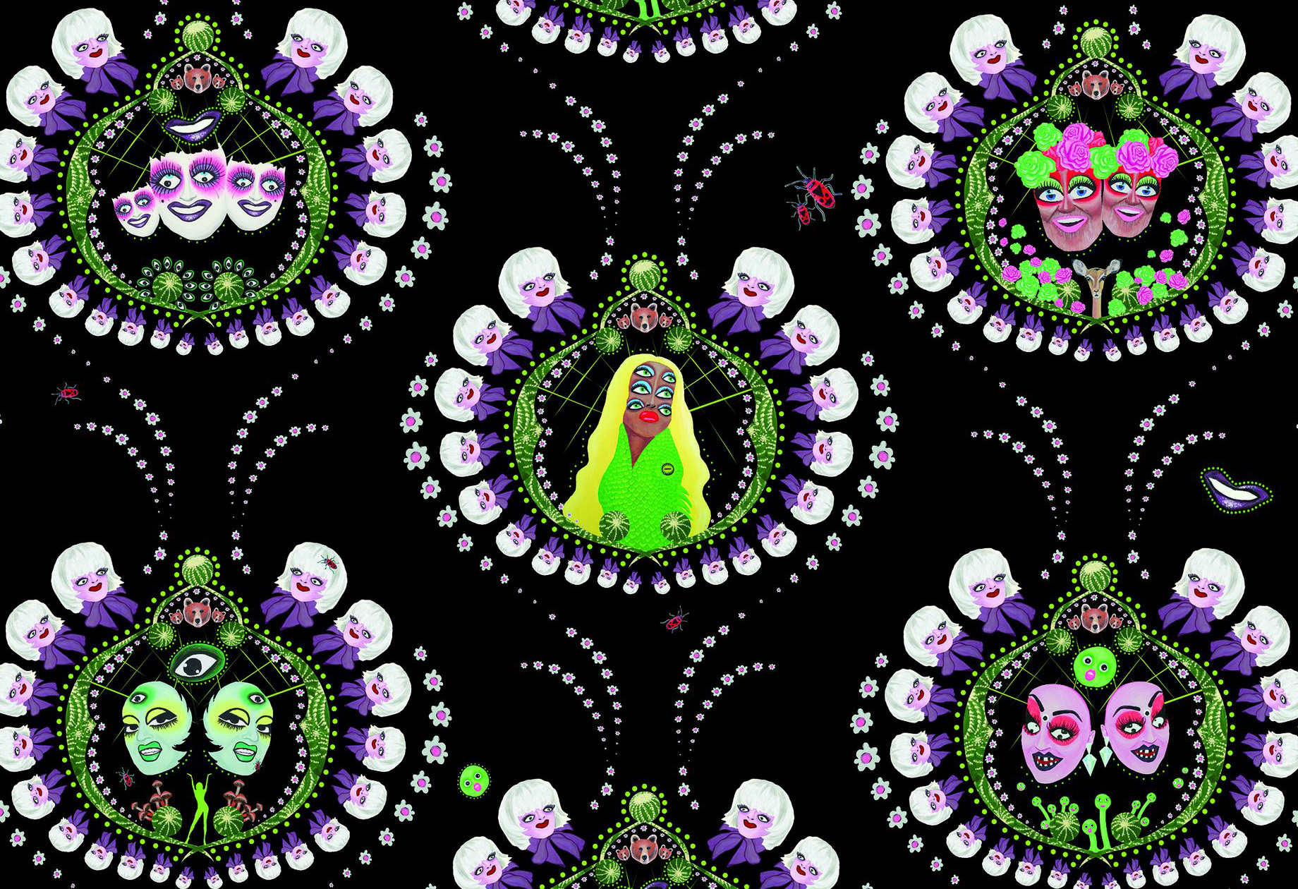 Eye-Leen Print, detail of printed fabric designed by textile artist Jani Maunula based on self-portraits by Tatu Vuolteenaho.