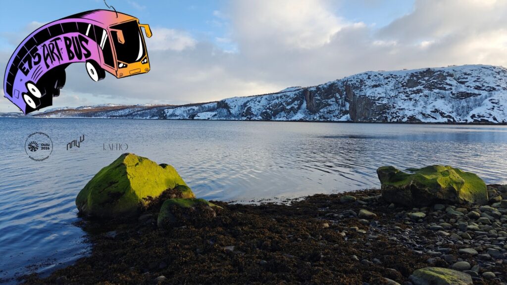 Snowy mountains behind serene lake with mossy rocks.